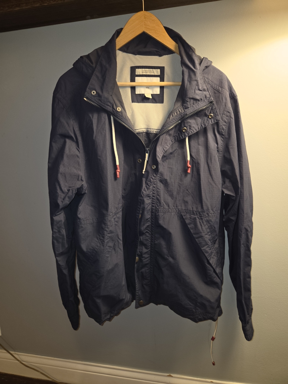 Goodfellow & Co Navy Hooded Windbreaker Jacket with White Drawcords